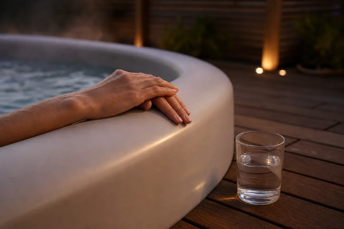 Mains posées sur le rebord en bois d’un spa, verre d’eau fraîche à côté, terrasse au crépuscule