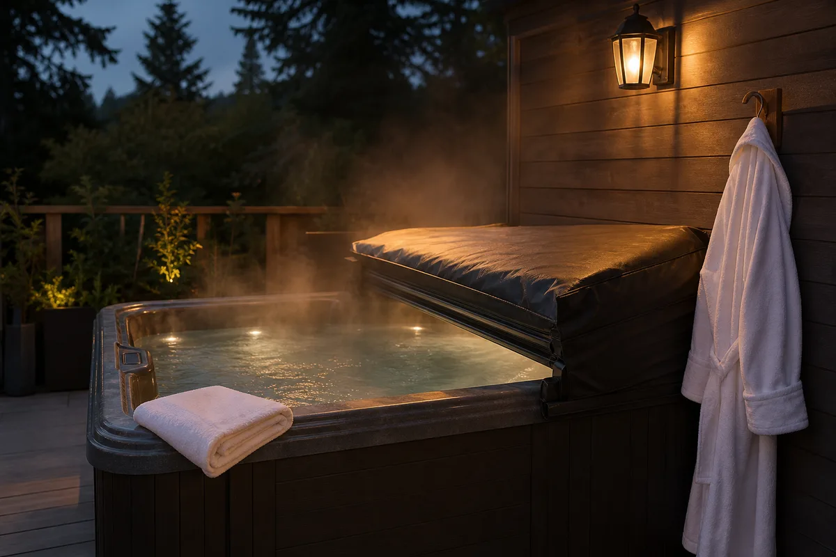 Housse de spa entrouverte sur une terrasse en soirée, lumière chaude tamisée et serviette pliée sur le rebord